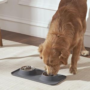 Penguin Home® Set Van 4 Roestvrijstalen Voerbakken met Sleuf en Antislip Grijze Siliconenmat | Pet Safe Food Grade Waterdichte Mat | Mat-48 x 24 cm Kom-425 ml