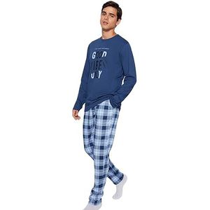 Trendyol Heren Man geruite gebreide T-broek pyjamaset, blauw, L, Blauw, L