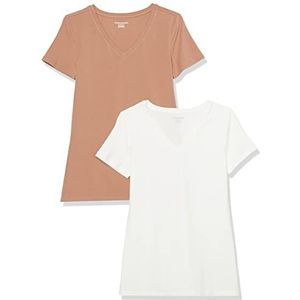 Amazon Essentials Women's T-shirt met korte mouwen en V-hals in klassieke pasvorm, Pack of 2, Lichtbruin/Wit, L