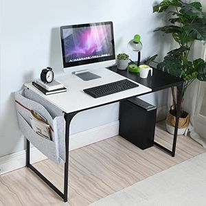 FurnitureR Computertafel L 120 cm met ruimtebesparende opbergtas voor thuiskantoor metalen frame tafel wit, 120 x 60 x 74 cm