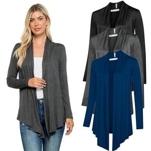 Free to Live 3 Pack Lichtgewicht Vest voor Vrouwen Zomer Herfst Truien Open Front Lange Mouw Dressy Business Casual Shrugs, Zwart, Charcoal en Navy, XL