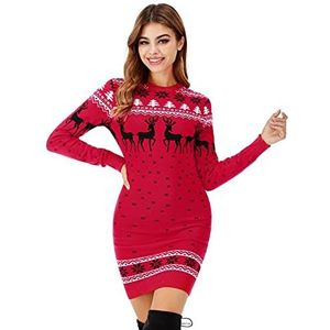 Irevial Gebreide jurk voor dames, ronde hals, trui, kerstjurk, lange trui, gebreide wikkeljurk, sneeuwvlokken, patroon, comfortabel voor winter, vrije tijd, feest