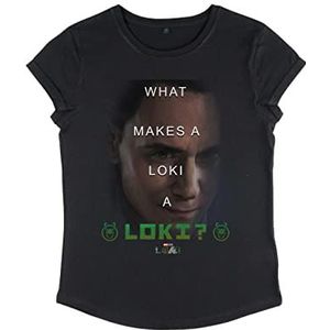 Marvel Loki What Loki T-shirt voor dames, met rolled, zwart, L