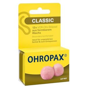 OHROPAX Classic oordopjes – VOOR-oordopjes ter bescherming tegen lawaai, vocht en wind – van vormbare, soepele was – comfortabel en geschikt voor alle oren – geluidsisolatiewaarde SNR 21 dB – 12 stuks