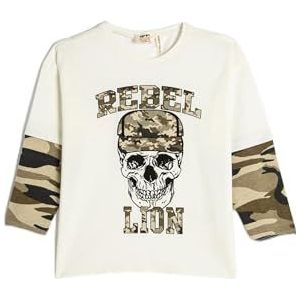 Koton Boys's Skull Printed Camouflage Detail Long Sleeve Crew Neck Katoenen T-shirt, ecru(010), 4-5 Jaar