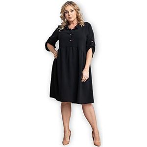 KARKO - Dalia cocktailjurk I Damesjurk plus size I met uitlopende rok I Los en wijd uitgesneden I Spitse halslijn I 3/4 mouwen I Ongevoerd | 42-44 - zwart