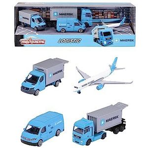 Majorette - Maersk Transportvoertuigen (cadeauset) - 4 modelvoertuigen van metaal (Man Truck, Mercedes-Benz Sprinter, Volkswagen Crafter & Airbus vliegtuig), speelgoed voor kinderen vanaf 3 jaar
