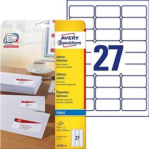 AVERY Zweckform J4792-25 adreslabels/adreslabels/stickers (675 etiketten, 63,5 x 29,6 mm op A4, bedrukbaar, zelfklevend, voor DIN B6/C6 enveloppen, mat papier, inkjetprinter) 25 vellen, wit