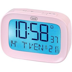 Trevi SLD 3850 Digitale wekker met geïntegreerde thermometer, groot lcd-display, klok en kalender, sluimerfunctie, roze