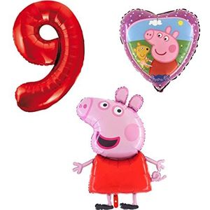 Ballonset Peppa Pig Pig Pig Peppa folieballon, getal 9 in rood, Peppa met teddyhart