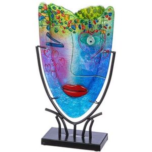 GILDE GLAS art Decoratieve vaas gezichtsvaas - handbeschilderde glazen vaas met metalen standaard - decoratie woonkamer hoogte 38,5 cm meerkleurig