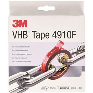 3M VHB 4910F Montage tape dubbelzijdig - transparant, maakt het toevoegen van transparante materialen met praktisch onzichtbare lijmlaag mogelijk - 19 mm x 3 m, transparant, 1,0 mm (1 stuk)