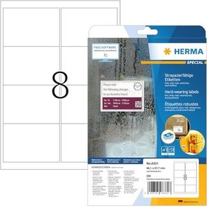 HERMA 8331 weerbest folie gecodeerde etiketten A4 (99,1 x 67,7 mm, 25 vellen, polyester folie, mat) zelfklevend, bedrukbaar, extreme sterke adreslabels, 200 etiketten voor printer, wit