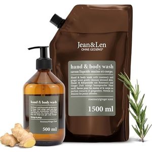 Jean & Len - Hand en Body Wash - Glazen Fles 500 ml en Navulverpakking 1,5 l - Rosemary en Ginger