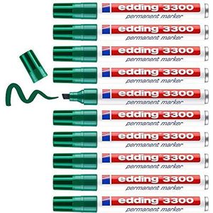 edding 3300 permanent marker - groen - 10 stiften - beitelpunt 1-5 mm - sneldrogende permanent marker - water- en wrijfvast - voor karton, kunststof, hout, metaal - universele marker