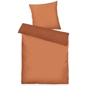 TOM TAILOR Beddengoed tweekleurige effen kleuren warm koraal, 80 x 80 cm + 155 x 220 cm, 100% katoen/satijn, met dubbele naad op het kussen, omkeerbaar motief en gekleurde merkritssluiting