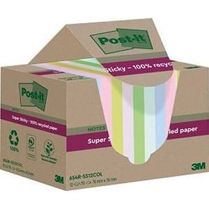 Post-it Super kleverige 100% gerecyclede notities, diverse kleuren, 76 mm x 76 mm, 70 vellen/pad, 12 pads/pack