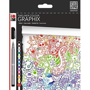 Marabu 014600000100 - Fineliner Graphix, Set Doodle Supreme, 12 schitterende kleuren, lijndikte ca. 0,5 mm, op water gebaseerde pigmentinkt, metalen kunststof punt