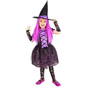 Rubies Moonlight Purple meisjesjurk, heksen, paarse jurk, hoed en kousen, origineel voor Halloween, carnaval, verjaardag