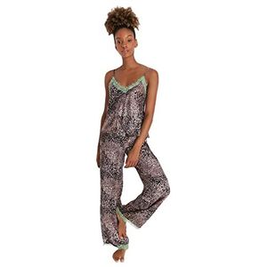 Trendyol Vrouwen Dierlijke print Knop Gedetailleerde Midden Gebreide Shirt-Broek Pyjama Set, Groen, 60