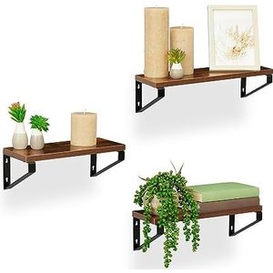 Relaxdays wandplank industrieel - set van 3 muurplanken - zwevende plank - metaal houtlook