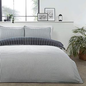 Sleepdown Mini Stripe Zwart Wit Omkeerbaar Zacht Easy Care Dekbedovertrek Quilt Beddengoed Set met Kussenslopen - Super King (220cm x 260cm)