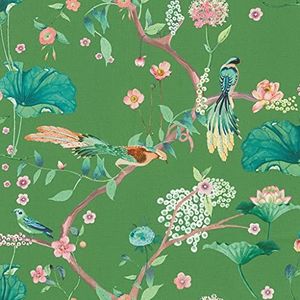 Rasch Tapeten 539455 - Groen vliesbehang met planten en vogels in Aziatische stijl uit de collectie Amazing