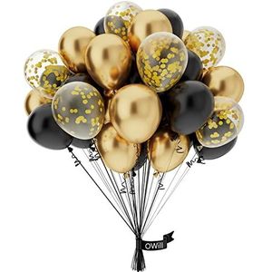OWill Zwarte en gouden confettiballonnen, 50 stuks 10 inch zwarte en gouden confettiballonnen, zwarte en gouden confettiballonnen latexballonnen voor bruiloft, verjaardag, feestdecoraties
