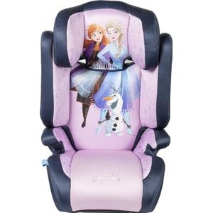 Disney Frozen kinderzitje met ISOFIX-bevestiging, voor kinderveiligheid van 100 tot 150 cm, met afbeeldingen van prinses Elsa, Anna en de simpaitan Olaf op paarse achtergrond