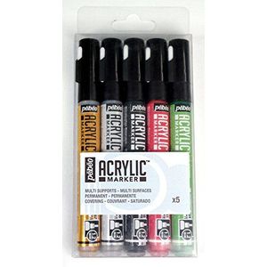 Pébéo 201212 Set van 5 acryl markers 1,2 mm ronde punt edelgoud/kostbaar zilver/kostbaar zwart/kostbaar rood/kostbaar groen