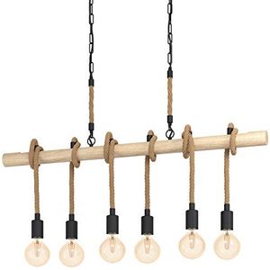 EGLO Youngstown Hanglamp, 6 lichtpunten, vintage, industrieel, retro, hanglamp van staal, hout en natuurlijk touw, eettafellamp, woonkamerlamp, hangen