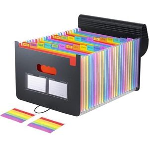 Documentenmap voor kantoor, 25 vakken, organizer, documententas, uittrekbaar, draagbaar, van accordeon, met deksel en kleurrijke tabbladen