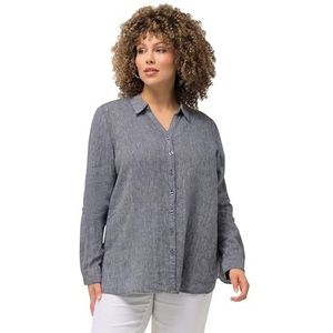 Ulla Popken Dames grote maten plus size blouse, linnen, open kraag, lange mouwen, marine-melange 42+ 794882125-42+, marineblauw gemêleerd, 42-44