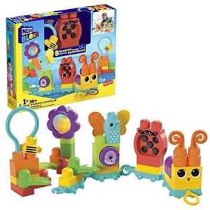 MEGA BLOKS Zintuiglijk speelgoed voor peuters, Wiebel en Speel Rups met bouwblokken en trektouw, voor peuters van 1-3, HKN44