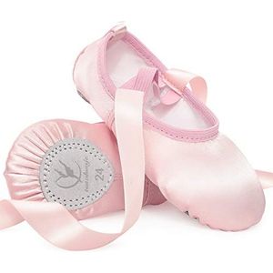 Satijnen balletschoenen, roze, balletschoenen, dansslippers met lint, platte leren splitzool, voor meisjes en vrouwen, roze, 34 EU