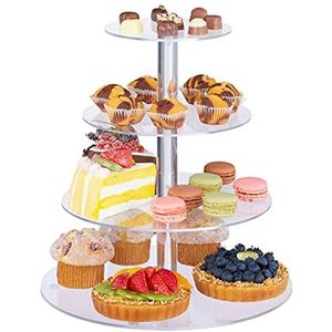 Relaxdays etagère 4-laags, glas, rond, voor cupcakes, fruit, snacks en meer, compact, van acrylglas, transparant