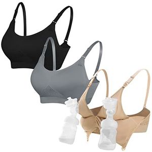 4HOW Pompende BH Handsfree Nursing BH voor Borstvoeding Verpleging Pompen BH Alles in Een Draadloze Gewatteerde Moederschap Bralette, Zwart+beige+grijs, L