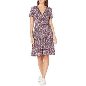 Amazon Essentials Faux-wikkeljurk met korte mouwen voor dames, marineblauw Ditsy bloemen, S