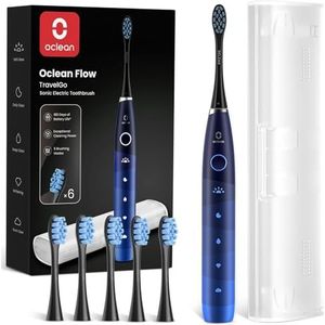 Oclean Sonic Electric Toothbrush TravelGo FlowSet, 180 Days Battery Life, 76000 VPM Motor, 5 Modes, Waterproof, USB C Rechargeable, 6 Replacement Heads & Travel Case, Eco-friendly Packaging, Blue