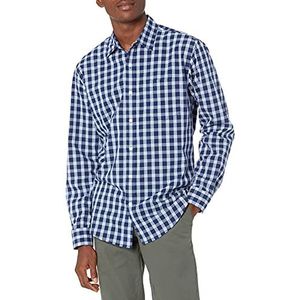 Amazon Essentials Men's Casual poplin overhemd met normale pasvorm en lange mouwen, Blauw Grijs Plaid, XS
