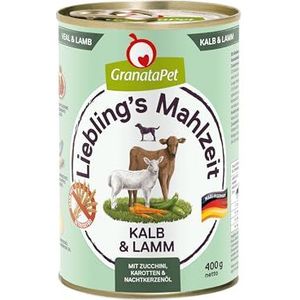 GranataPet Liebling's Mahlzeit kalf en lam, natte hondenvoer, voedsel voor volwassen honden zonder granen zonder toegevoegde suikers, compleet voer 6 x 400 g