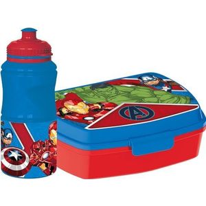 Marvel Drinkfles, set van 380 ml en blauwe sandwichbox voor kinderen, van kunststof, Avengers met antislipband en veiligheidssluiting
