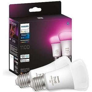 Philips Hue Standaard Lamp 2-Pack - E27 - Duurzame LED Verlichting - Smart Lamp - Wit en Gekleurd Licht - Dimbaar - Verbind met Bluetooth of Hue Bridge - Werkt met Alexa en Google Home