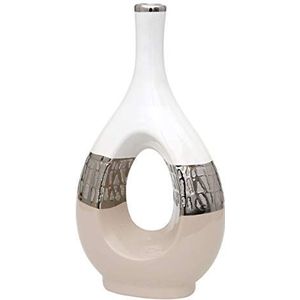 Dekohelden24 Moderne decoratieve designer keramische vaas ovaal met gat in cappuccino/zilver/wit. Afmetingen L/B/H: 18 x 9 x 33,5 cm., 213103, vaas 33,5 cm