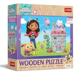 Trefl – Houten puzzels: Gabby's Dollhouse, Vrolijke Gabby en Vriendinnen - 24 stukjes, Wooden Puzzle puzzel, Afgeronde randen, Decoratief patroon op de achterkant, voor kinderen vanaf 3 jaar