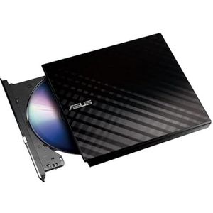 Externe dvd-brander met USB-aansluiting, zwart, compatibel met meerdere formaten, draagbaar en ideaal voor back-up en gegevensopslag.
