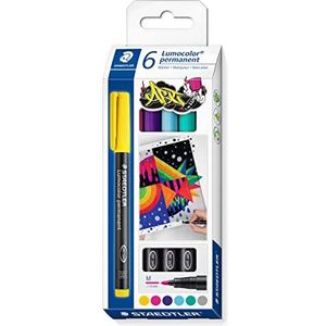 STAEDTLER Permanente marker Lumocolor permanent ART, voor bijna alle oppervlakken, veeg- en waterbestendig, lijnbreedte 1,00 mm, lange levensduur, 6 universele stiften in diverse kleuren, 317 C6