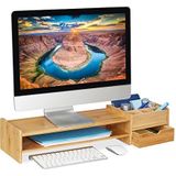 Relaxdays monitorverhoger bamboe, beeldschermstandaard voor bureau, HBD: 13 x 70 x 19 cm, lade & 7 vakken, natuur