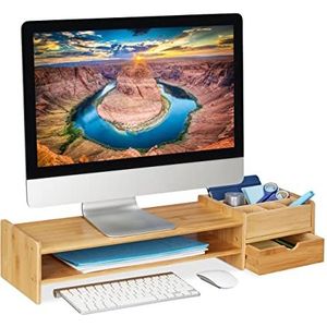 Relaxdays monitorverhoger bamboe, beeldschermstandaard voor bureau, HBD: 13 x 70 x 19 cm, lade & 7 vakken, natuur