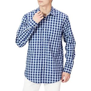 Amazon Essentials Men's Casual poplin overhemd met normale pasvorm en lange mouwen, Blauw Grijs Plaid, S